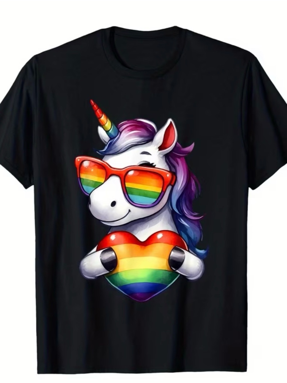 Unisex Black Unicorn Rainbow Heart Graphic Tee